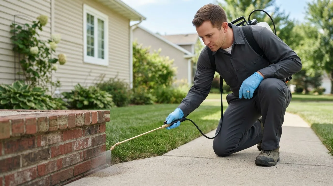 Pest control technician treating a home near Olden, TX